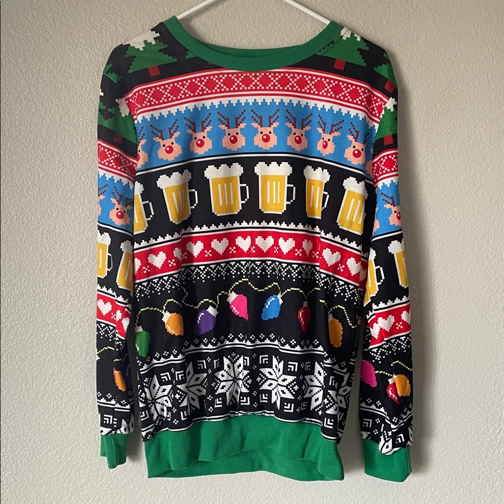 Festive Beer & Reindeer Holiday Sweater - Green Accent